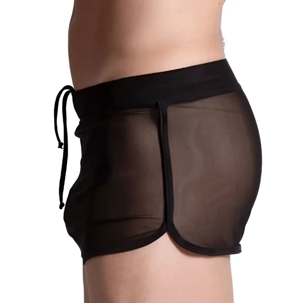 Black sheer mesh hotshorts with solid black elastic waistband and drawstring gigo bahia black hotshort