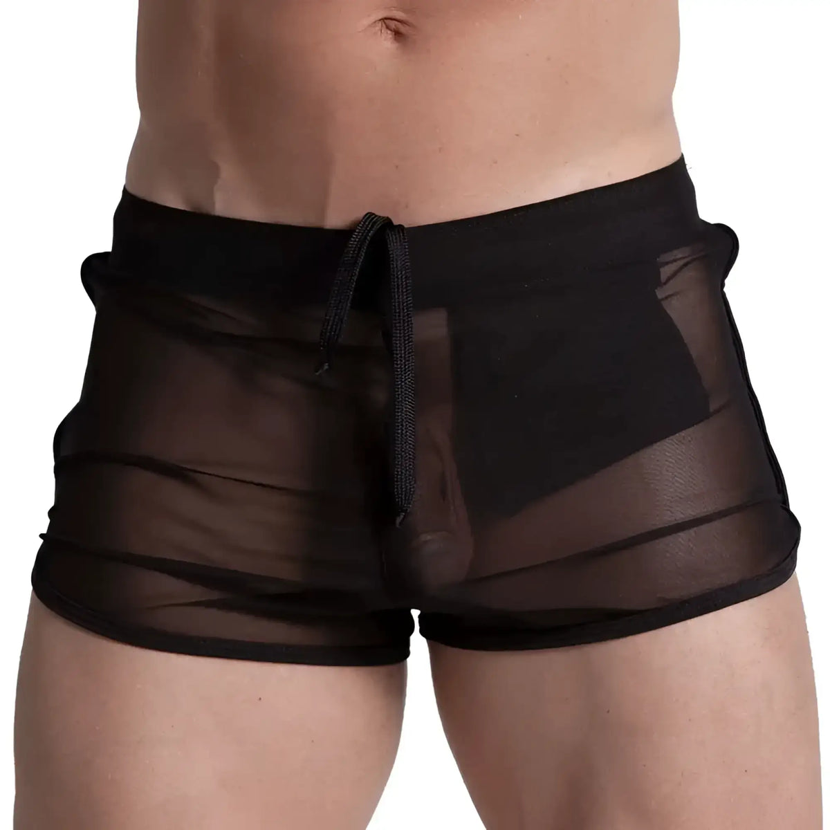 Gigo bahia black hotshort sheer mesh shorts with solid black waistband and drawstring for a stylish look