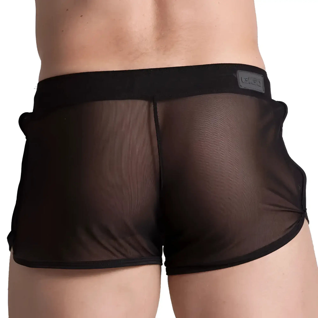 Black sheer mesh briefs with solid black elastic waistband and small rectangular gigo brand tag model bahia black hotshort