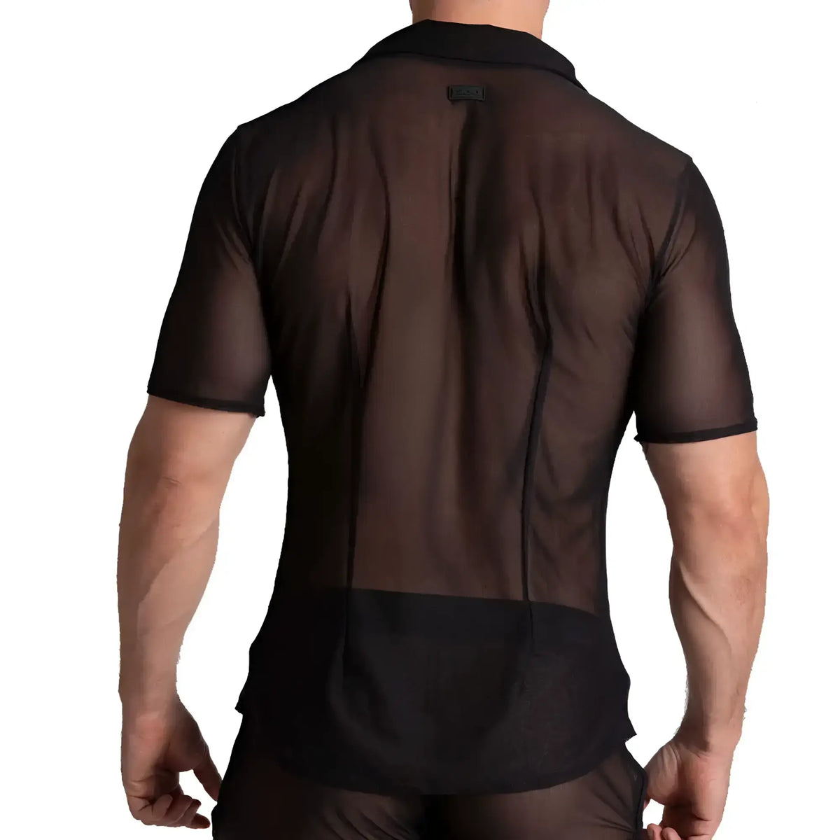 Gigo Bahia black shirt black sheer mesh short-sleeved shirt with solid black collar and hem