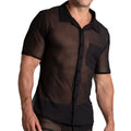 Gigo Bahia black shirt sheer short-sleeved button-up with solid black collar and pocket for stylish layering