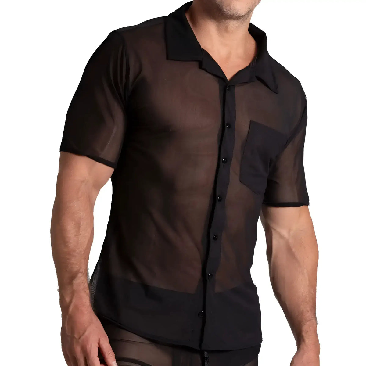 Gigo Bahia black shirt sheer short-sleeved button-up with solid black collar and pocket for stylish layering
