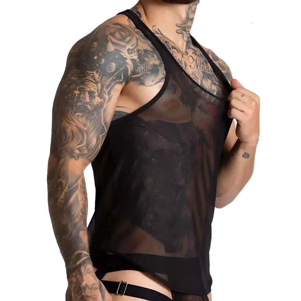Gigo Bahia black tank sheer mesh with bold dark graphic print on front for stylish summer wear