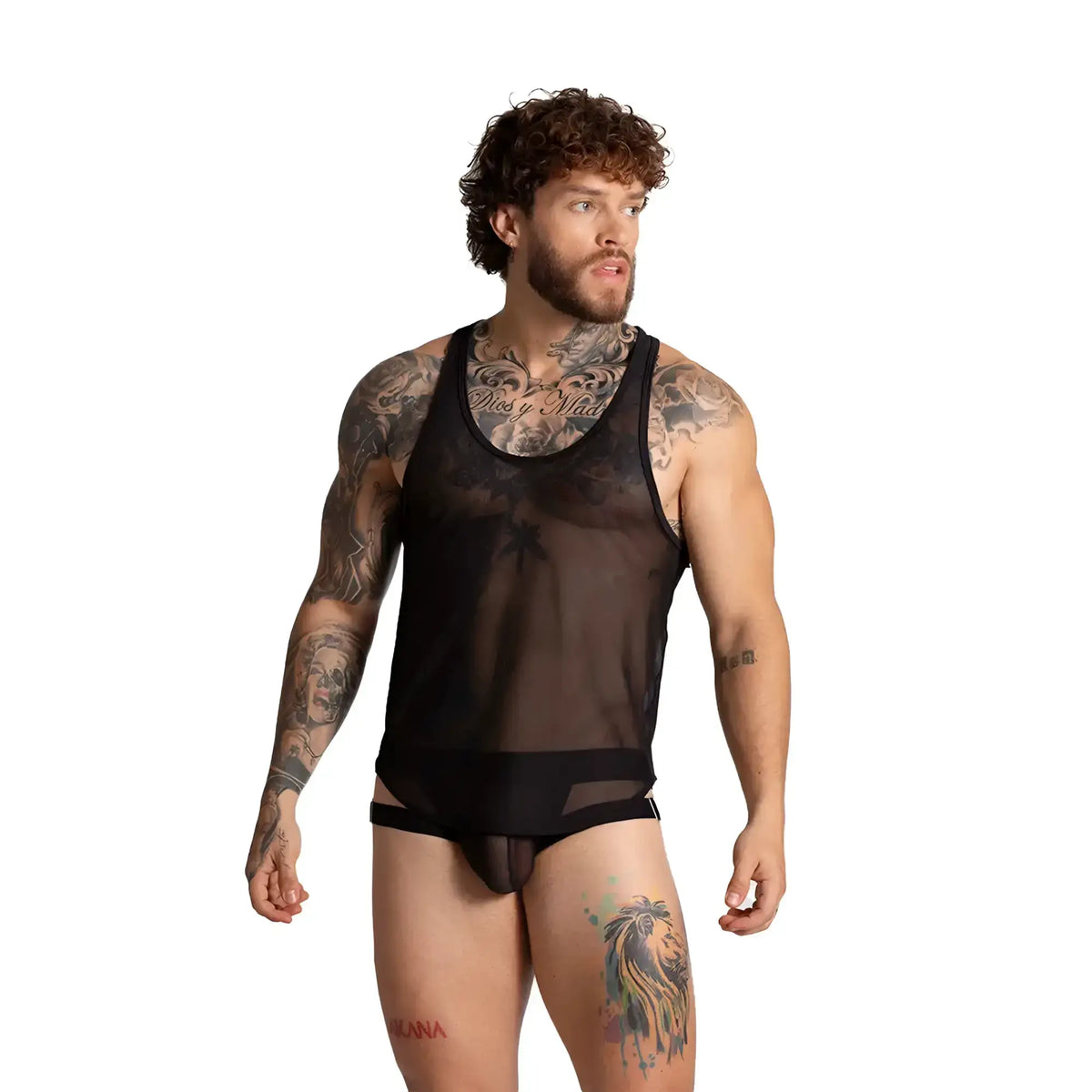 Black sheer mesh tank top with solid black waistband and leg openings from gigo bahia black tank collection