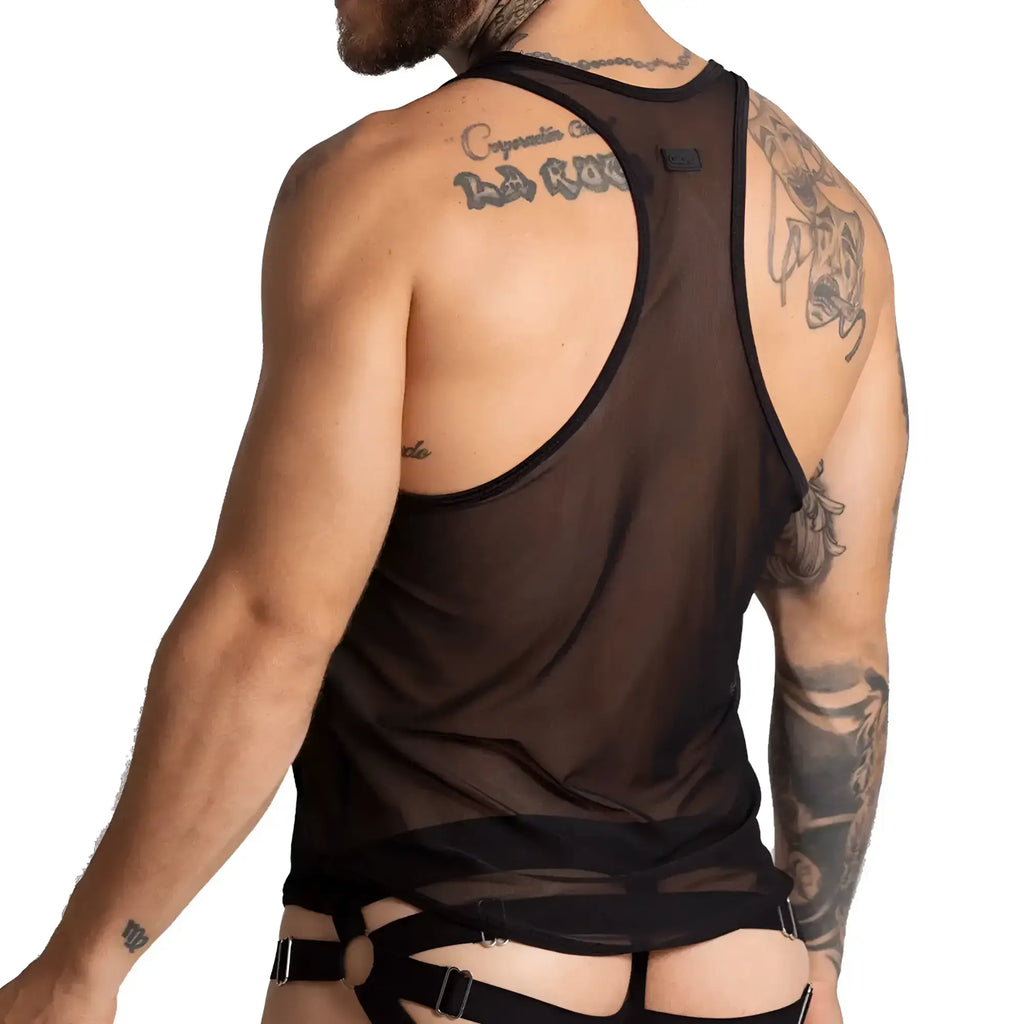 Gigo bahia black tank sheer mesh tank top with black harness straps and metal buckles shown from the back