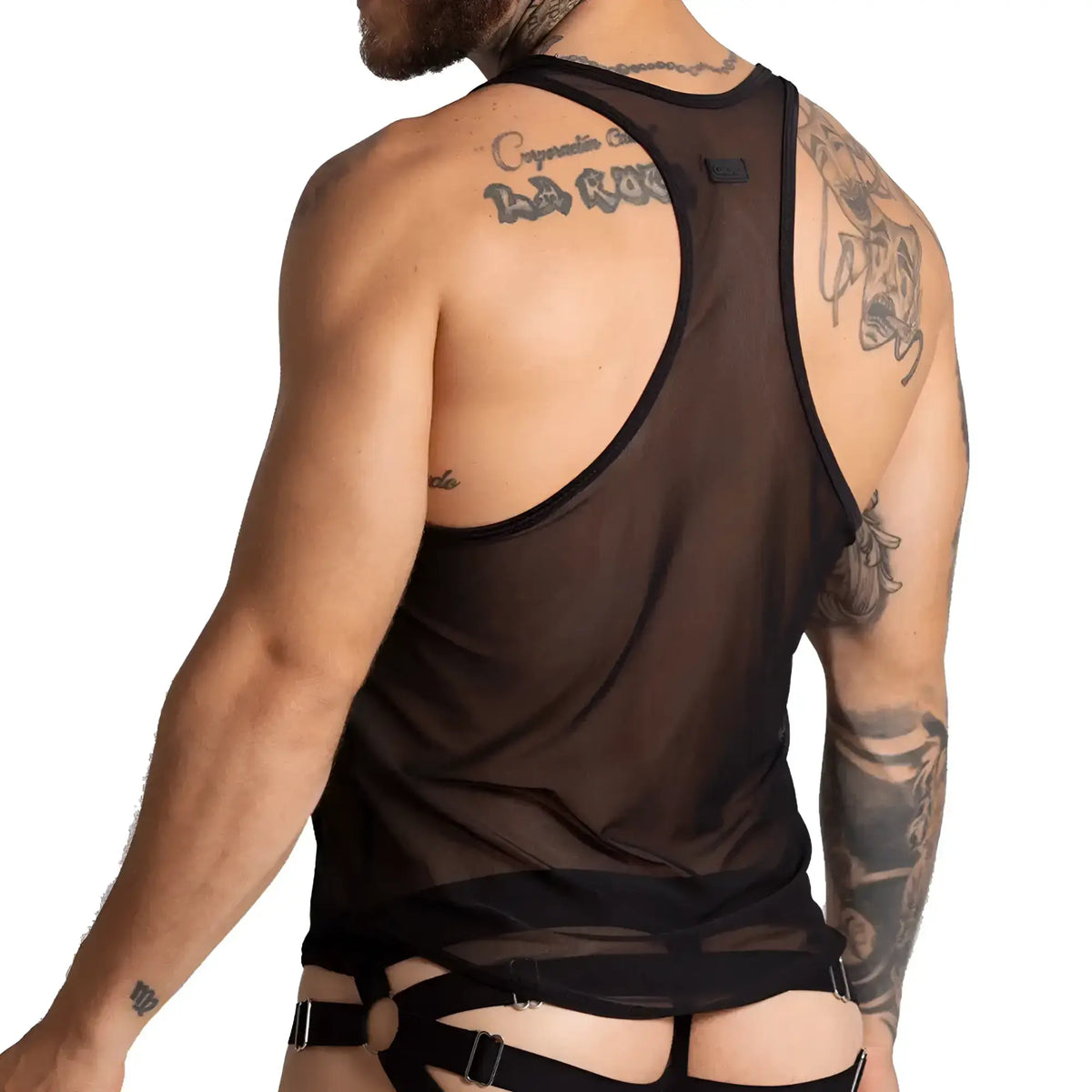 Gigo bahia black tank sheer mesh tank top with black harness straps and metal buckles shown from the back