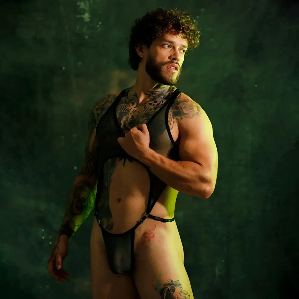Black sheer bodysuit gigo bahia green body with lace-up front and thong-style bottom in delicate sheer fabric
