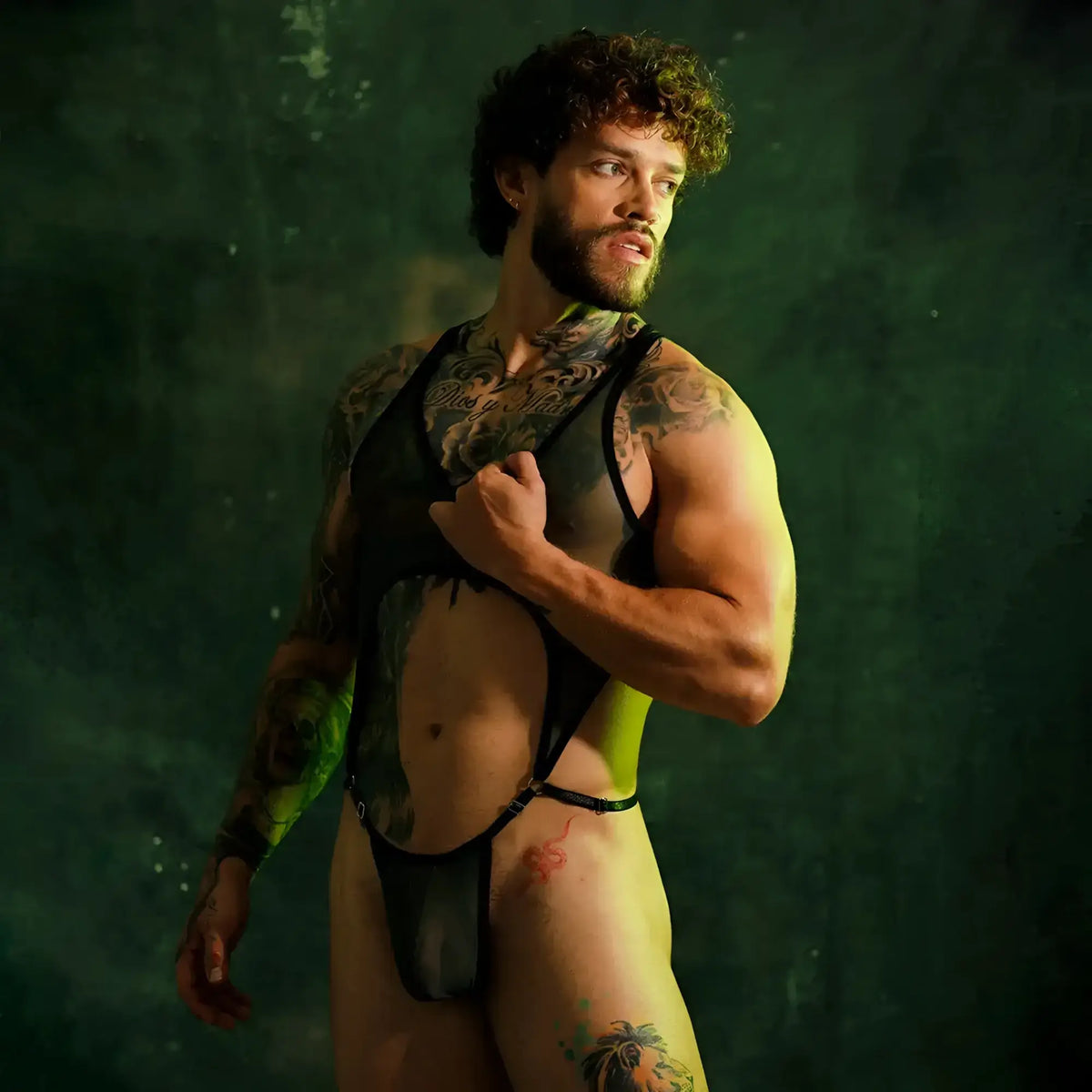 Black sheer bodysuit gigo bahia green body with lace-up front and thong-style bottom in delicate sheer fabric