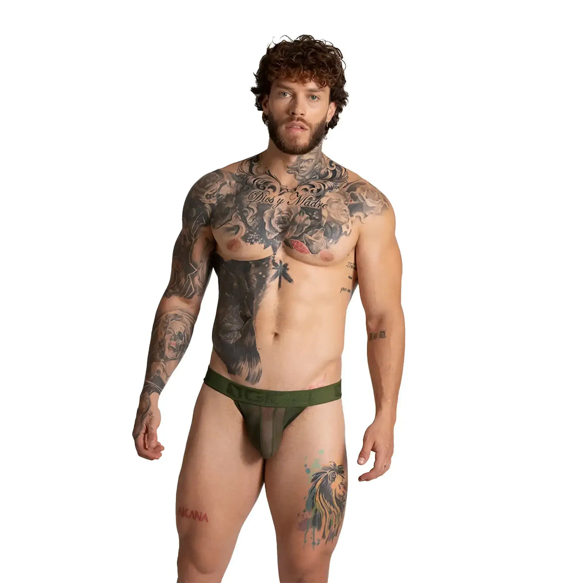Gigo bahia green brief in olive green transparent mesh fabric with brand logo for men
