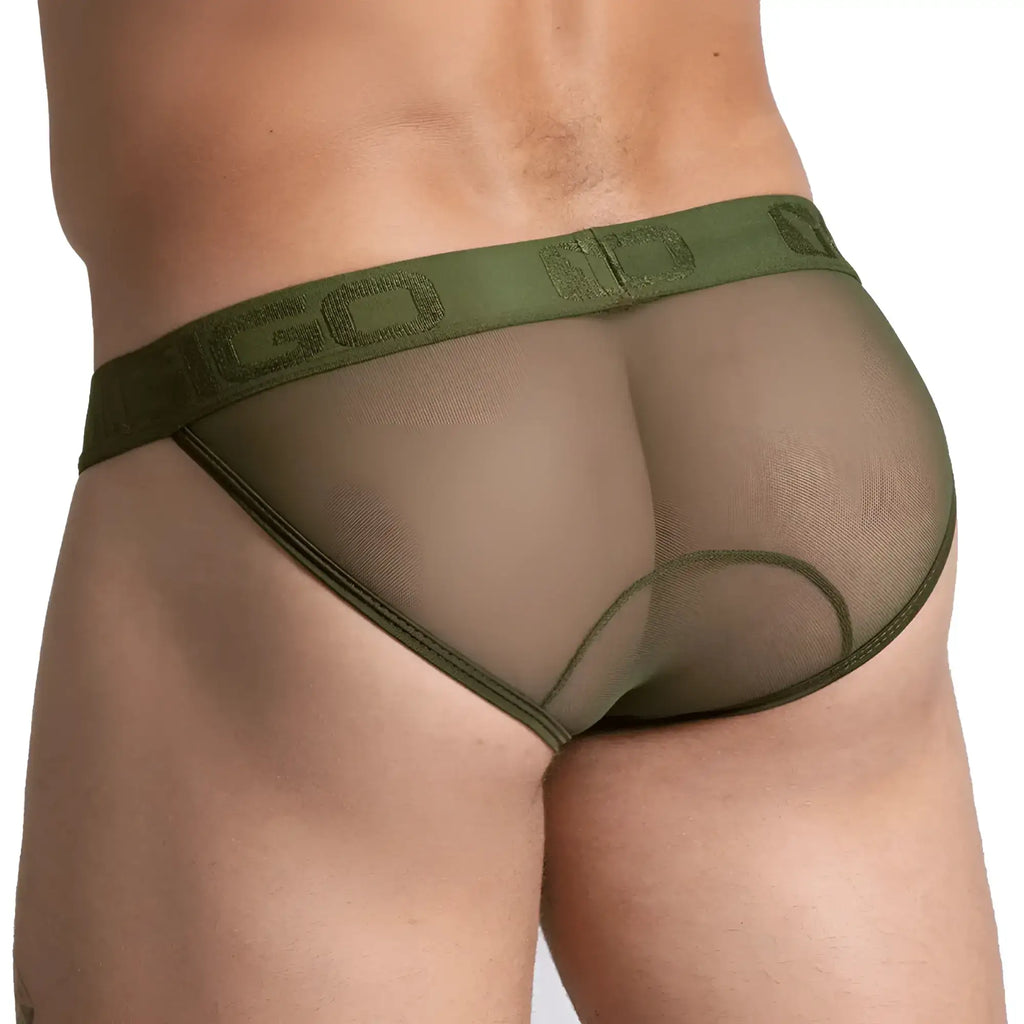 Olive green mesh briefs with matching elastic waistband embossed with gigo logo for comfortable support