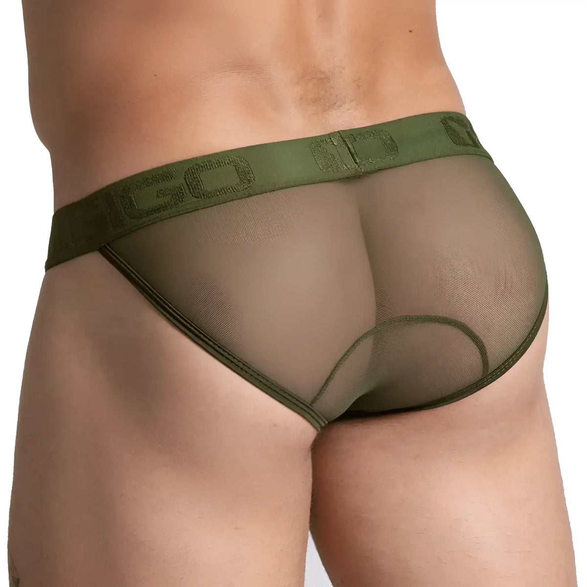 Olive green mesh briefs with matching elastic waistband embossed with gigo logo for comfortable support