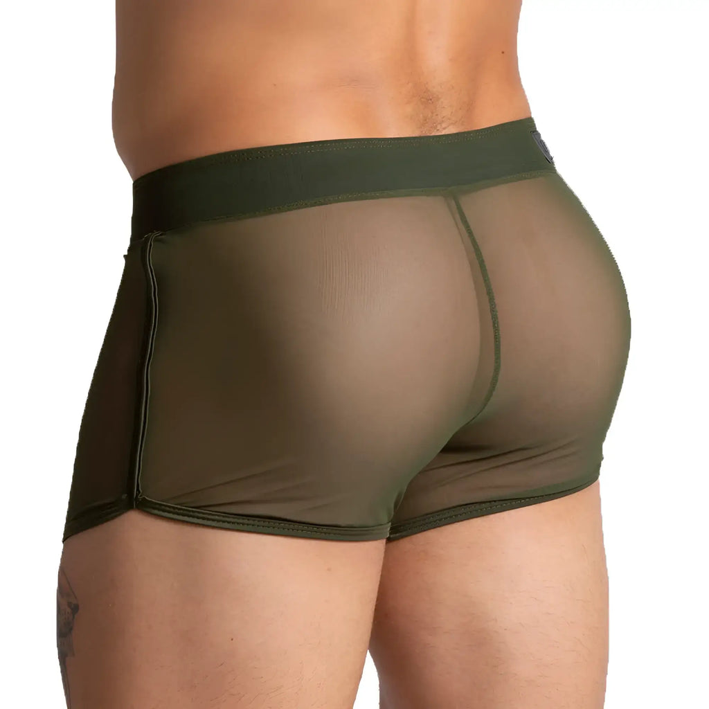 Olive green sheer mesh boxer briefs with solid elastic waistband gigo bahia green hotshort front view