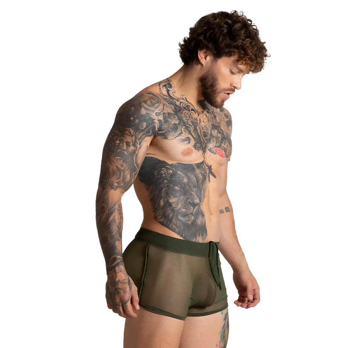 Olive green sheer mesh boxer briefs with solid waistband and drawstring from gigo bahia green hotshort collection