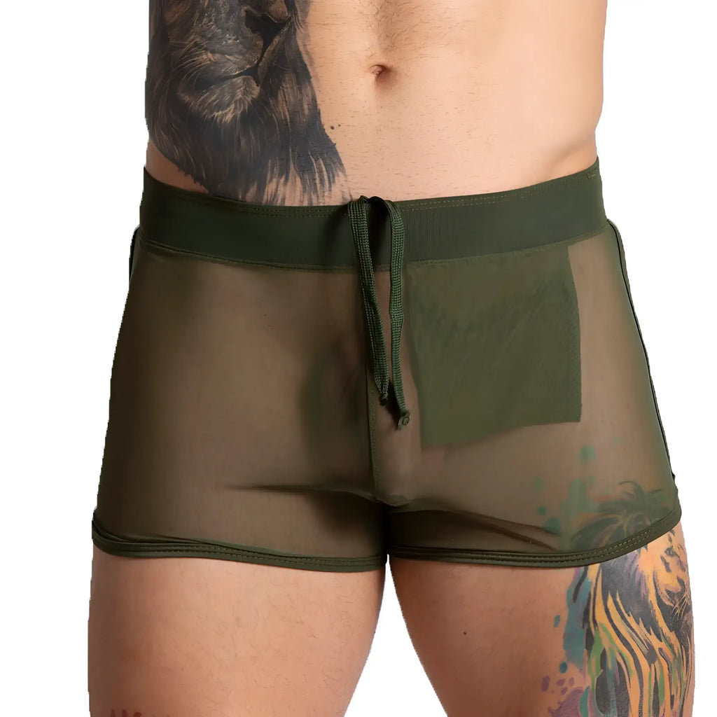 Gigo Bahia Green Hotshort olive green mesh boxer shorts with solid fabric patch and adjustable drawstring waistband