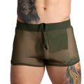 Gigo Bahia Green Hotshort olive green mesh boxer shorts with solid fabric patch and adjustable drawstring waistband