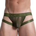 Olive green mesh briefs with textured waistband featuring ngigo logo from gigo bahia green jock collection