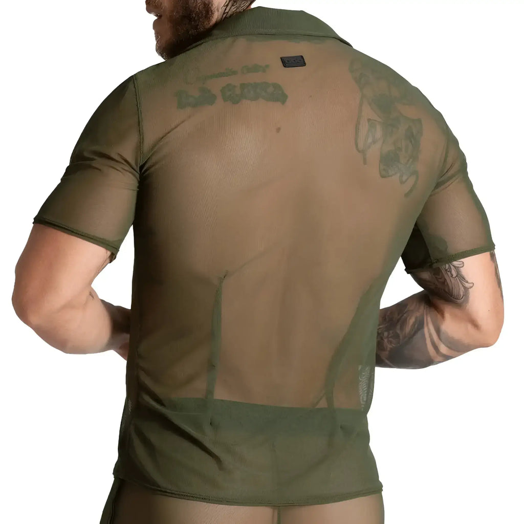 Gigo bahia green shirt olive green mesh short-sleeved polo with subtle texture and embroidered graphic on the back