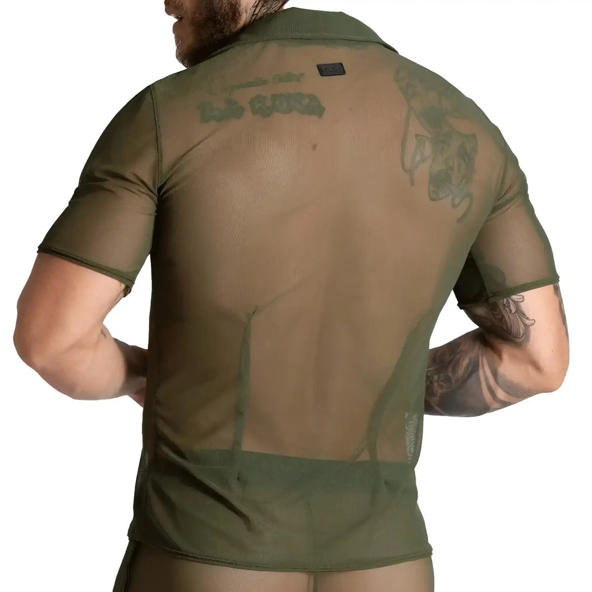 Gigo bahia green shirt olive green mesh short-sleeved polo with subtle texture and embroidered graphic on the back