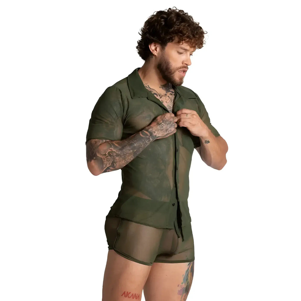Gigo Bahia green shirt and matching shorts in olive green sheer fabric with short sleeves and button-up front