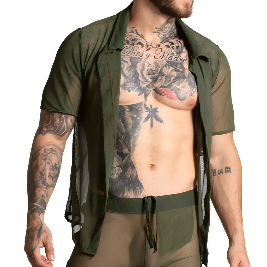 Olive green sheer mesh short-sleeved gigo bahia green shirt with collar and drawstring waistband