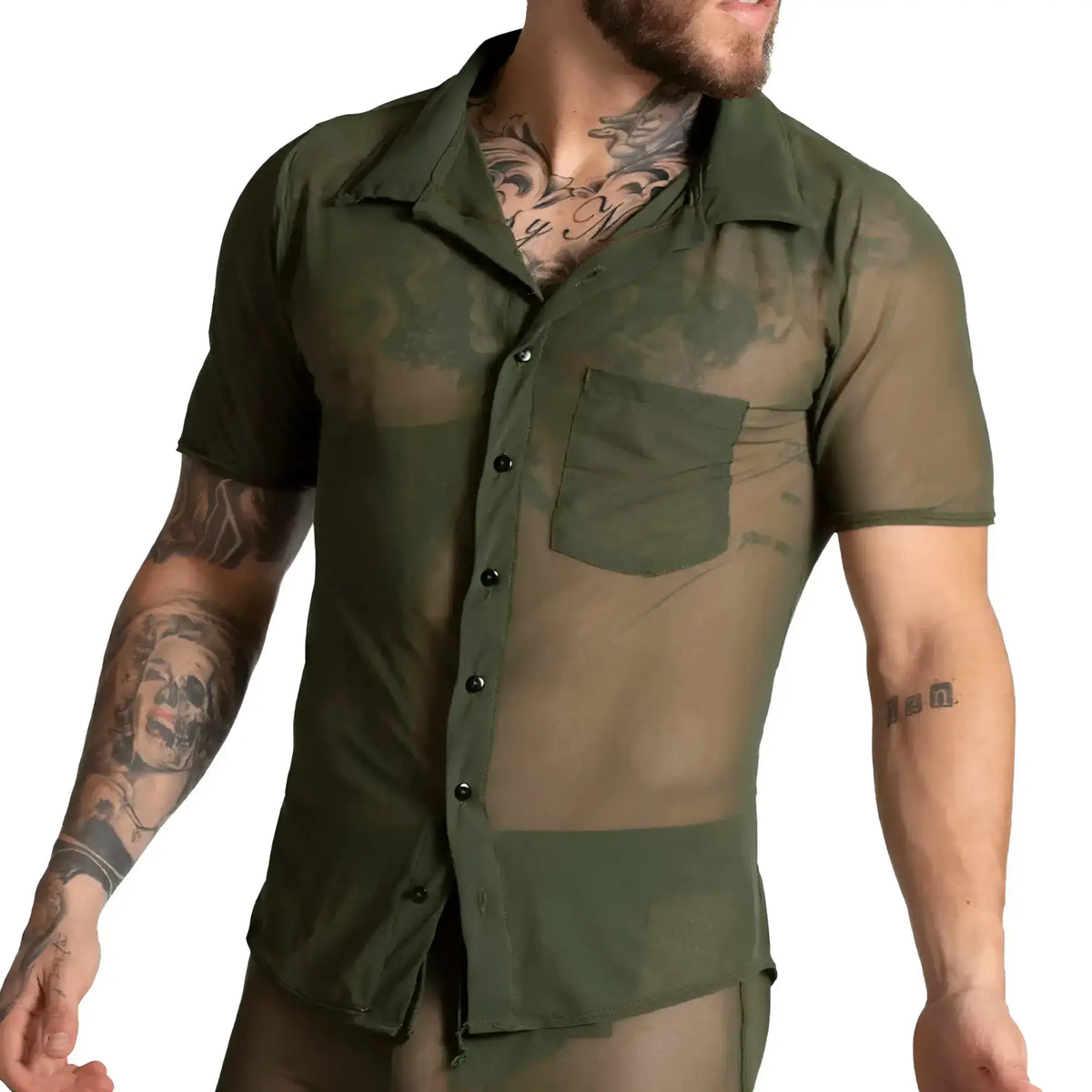 Gigo Bahia green shirt olive green short-sleeved button-up with sheer mesh overlay and single chest pocket