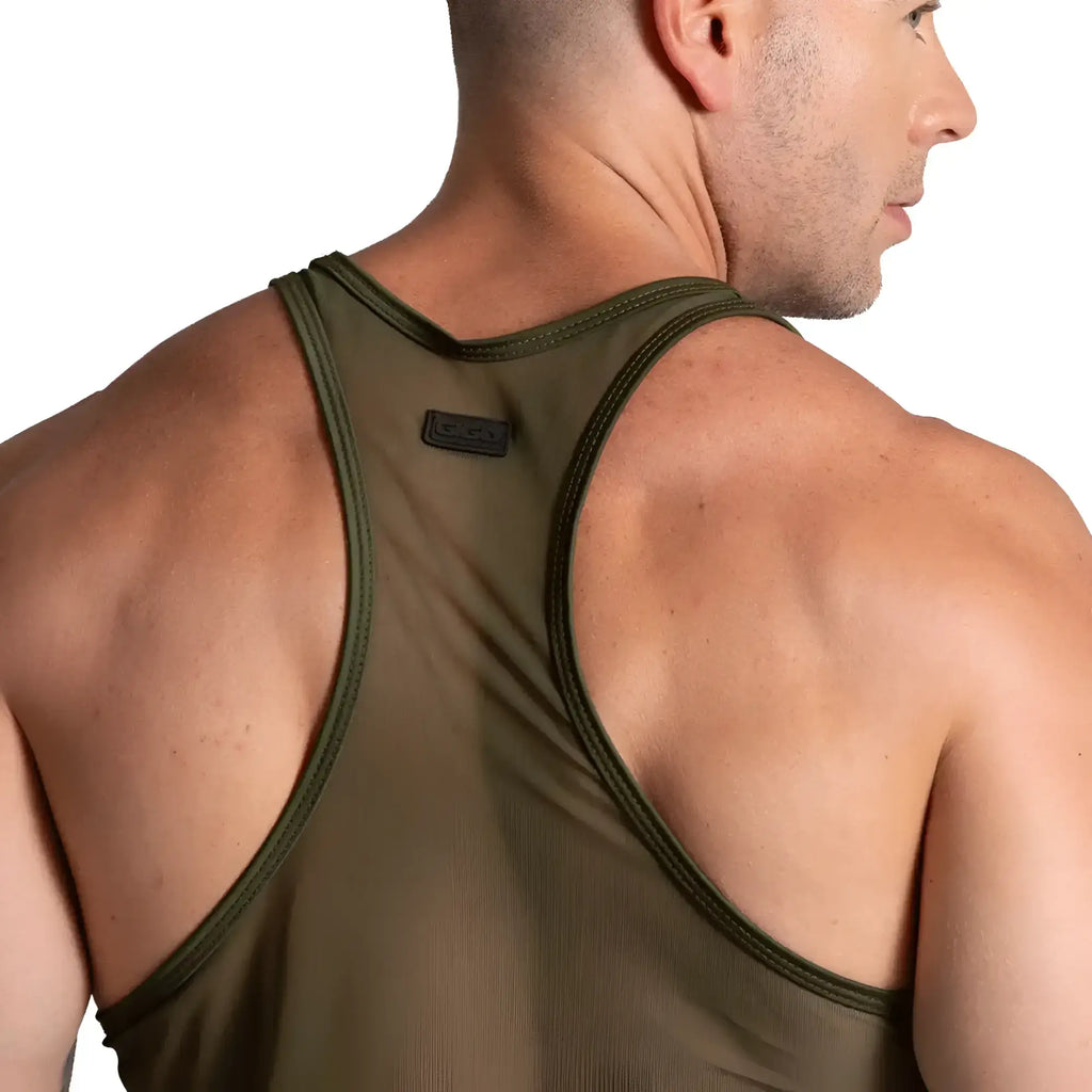 Olive green gigo bahia green tank racerback with ribbed texture and small black brand patch on shoulder