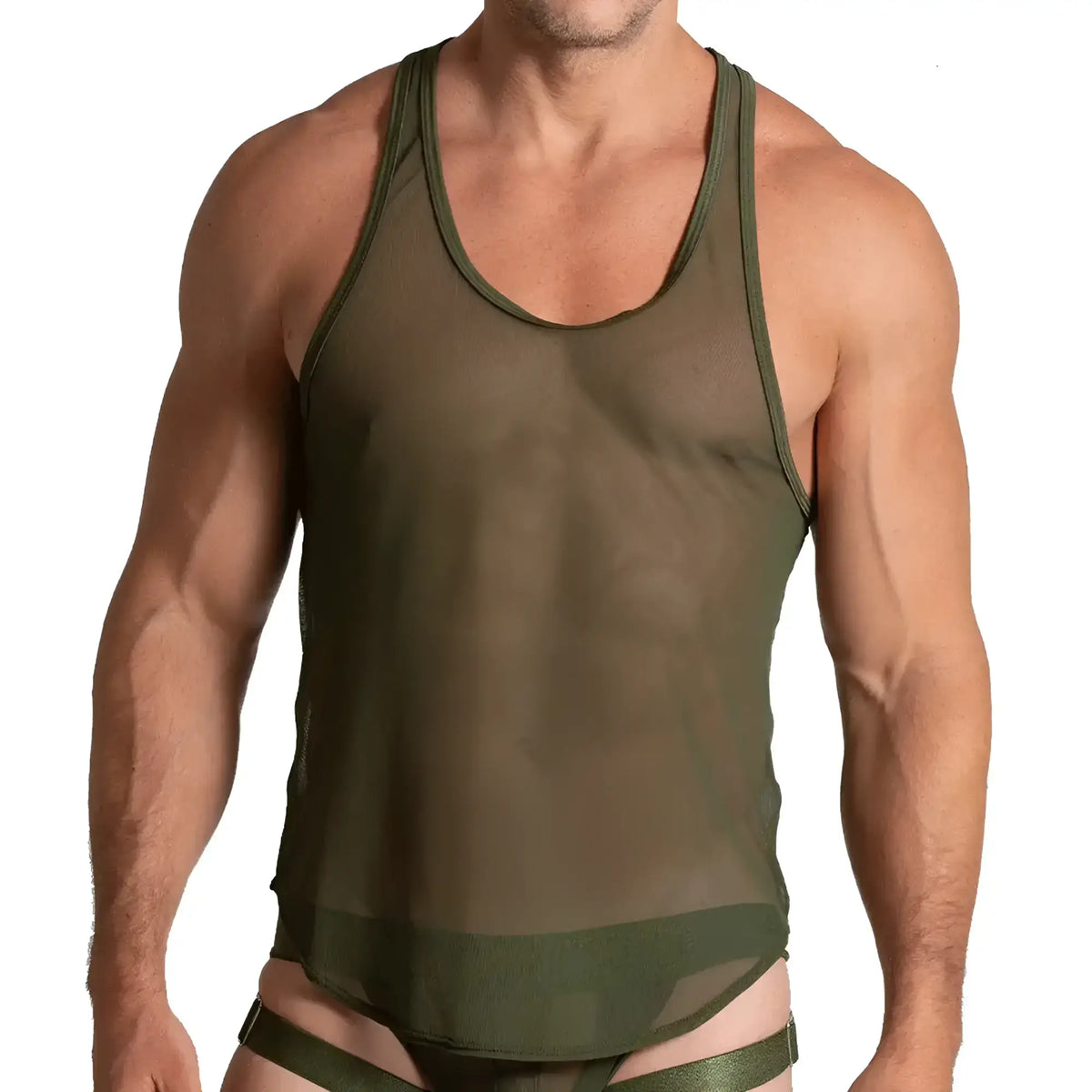 Olive green sheer mesh tank top with solid trim and matching straps from gigo bahia green tank product line