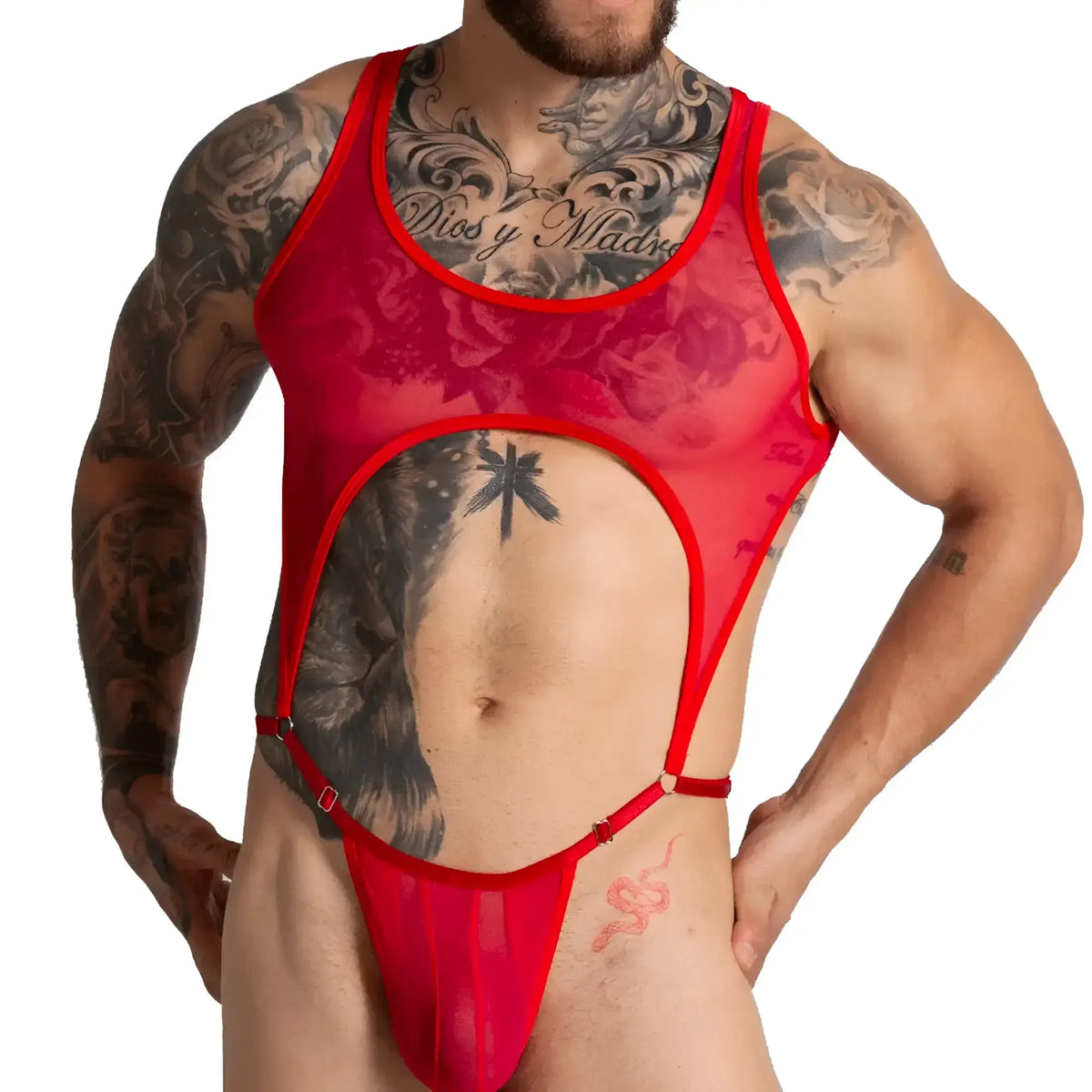 Red sheer mesh bodysuit gigo bahia with bold cutout design and red trim perfect for stylish layering