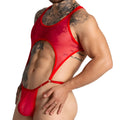 Red sheer mesh one-piece gigo bahia red body with red trim and adjustable straps visible from the back side