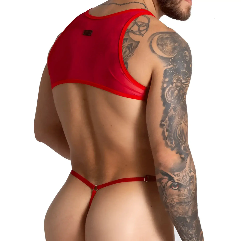 Back view of gigo bahia red body sheer red mesh menÃ¢â‚¬â„¢s thong with red trim and small black logo on the back