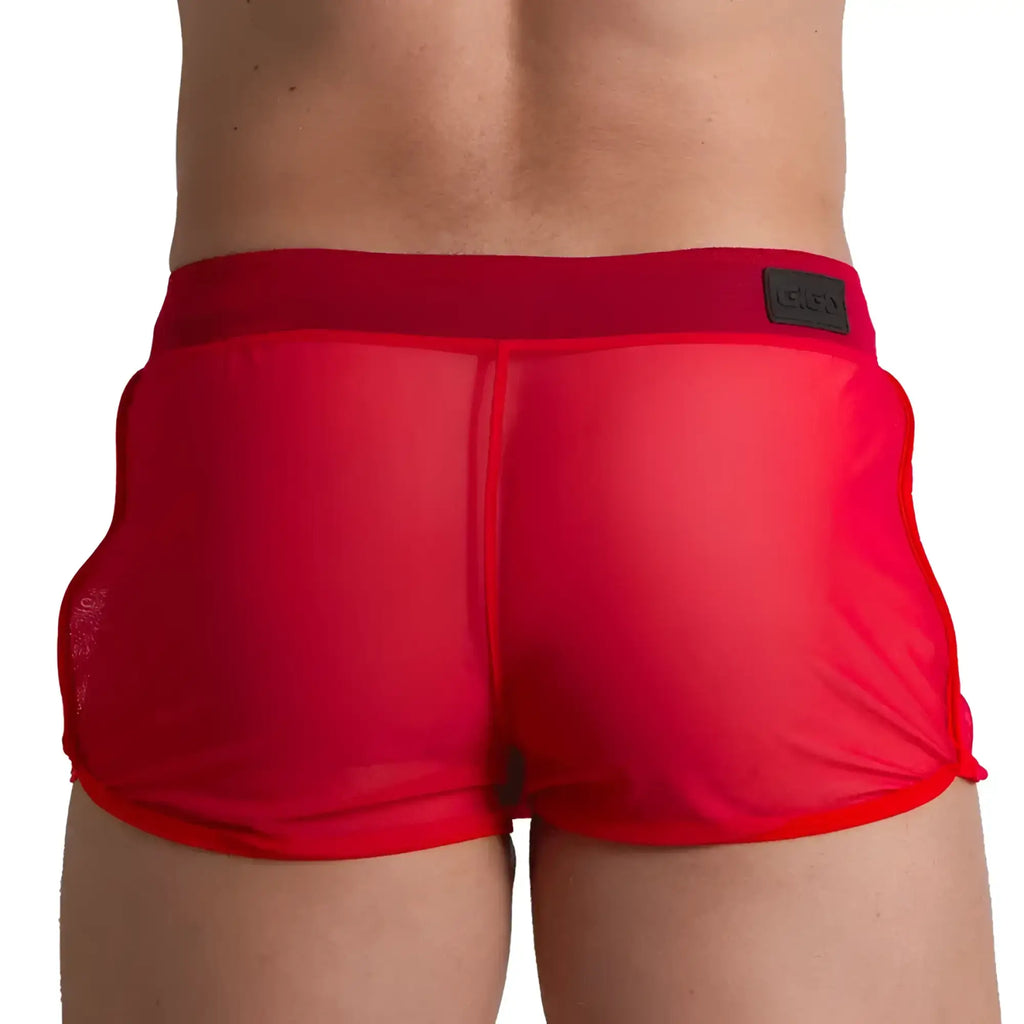 Red sheer mesh briefs with a solid red waistband and black brand patch from gigo bahia red hotshort collection