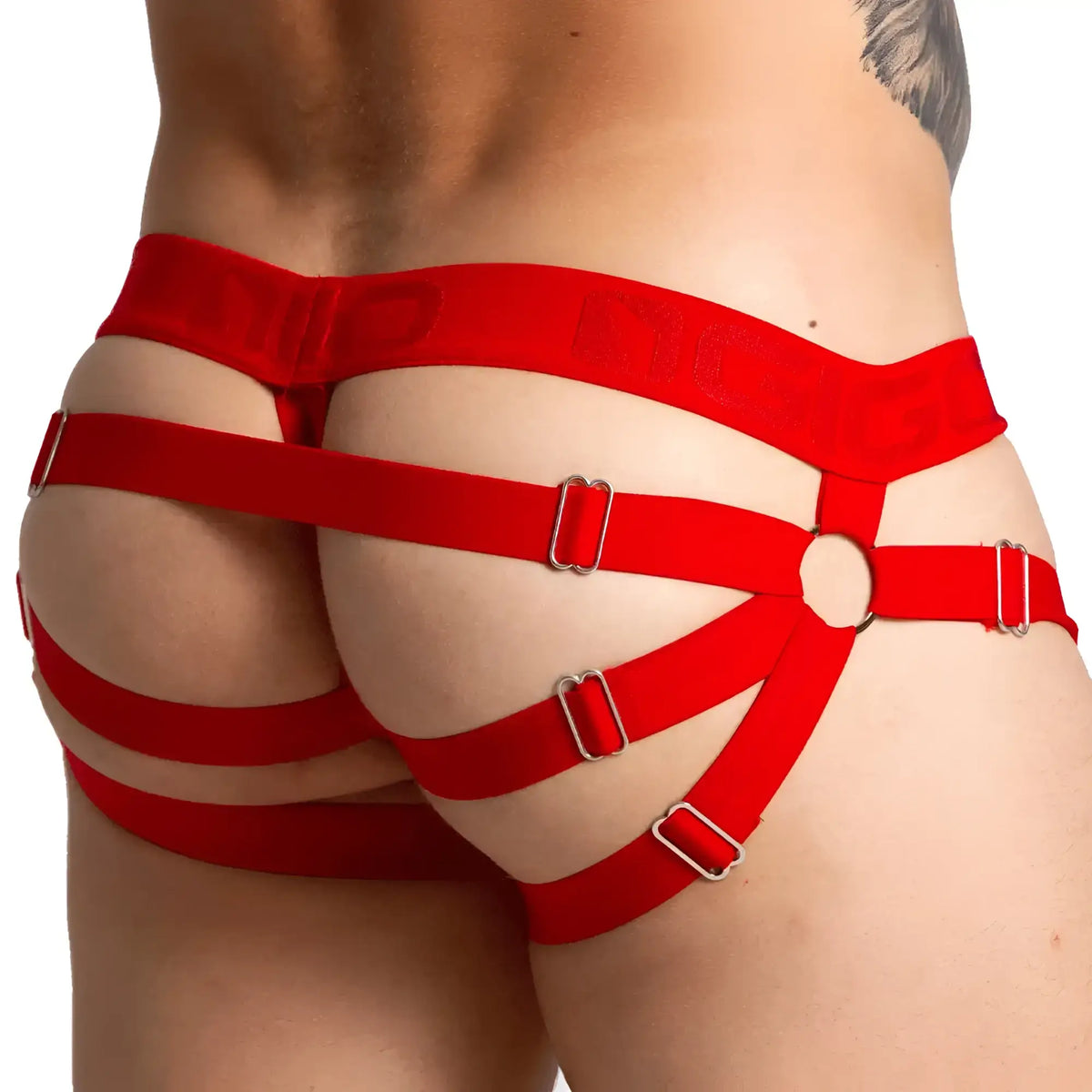 Gigo Bahia red jock featuring a red harness with multiple adjustable straps and silver metal buckles