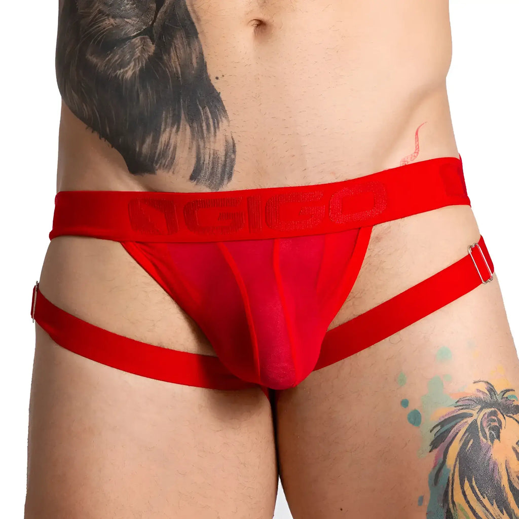 Gigo Bahia red jock mesh briefs with bold red embossed agio waistband and matching side straps