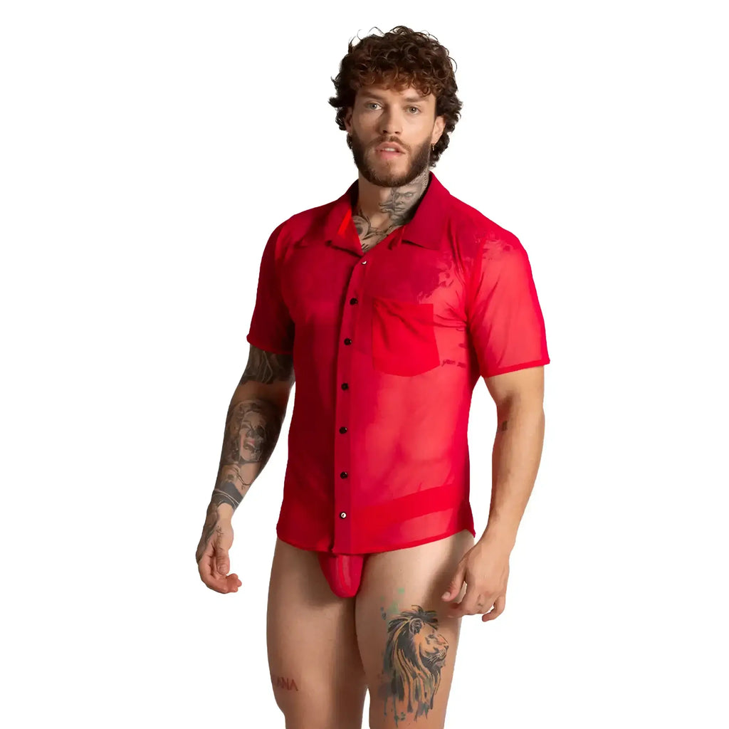 Gigo Bahia red short-sleeved sheer button-up shirt with chest pocket and lightweight breathable fabric