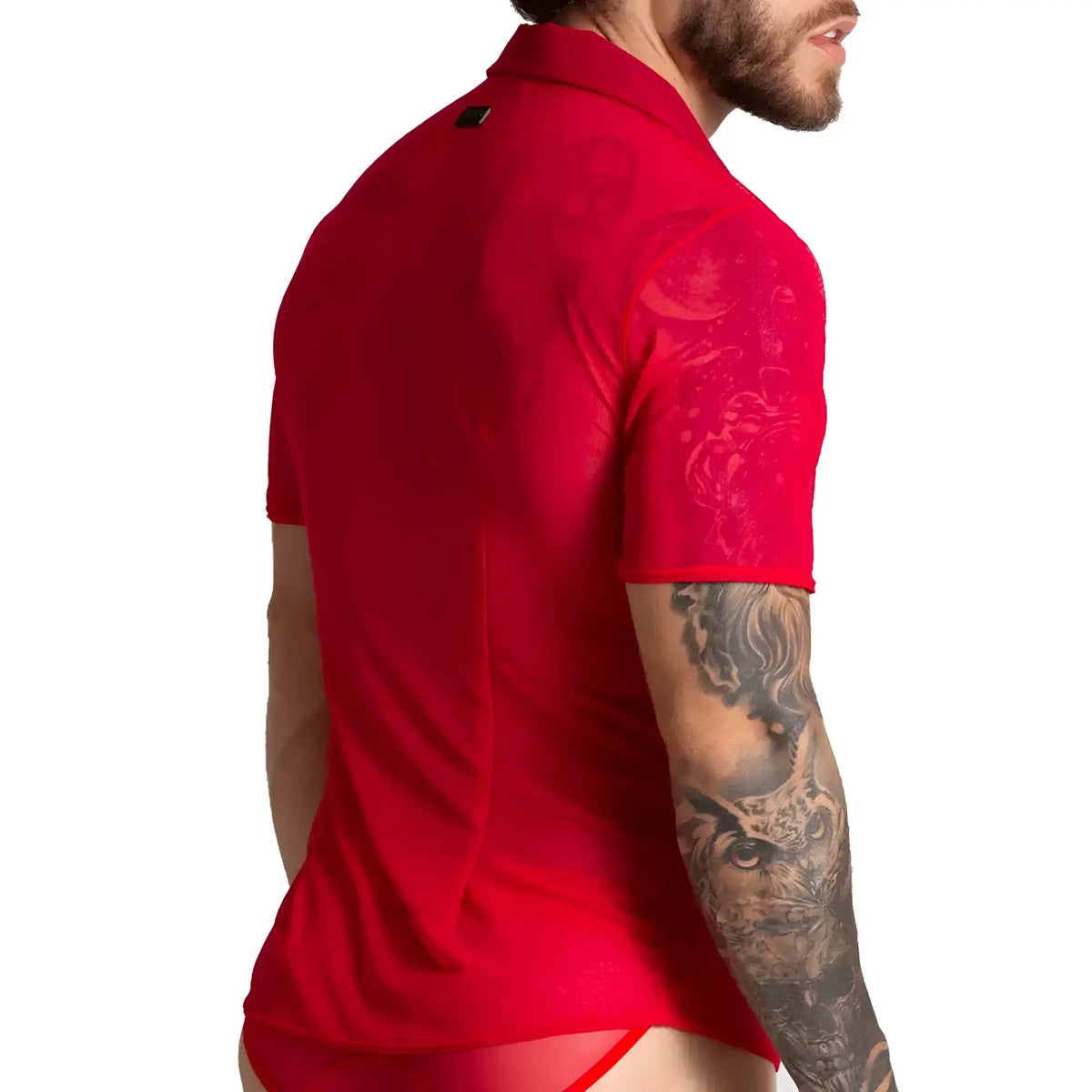 Vibrant red gigo bahia short-sleeved polo shirt with subtle translucent pattern on the sleeve
