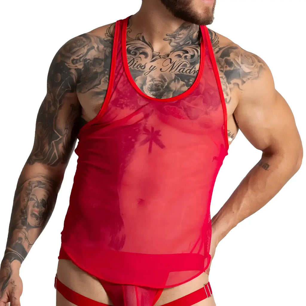 Gigo Bahia red tank sheer mesh with bold red trim and subtle star pattern perfect for stylish layering