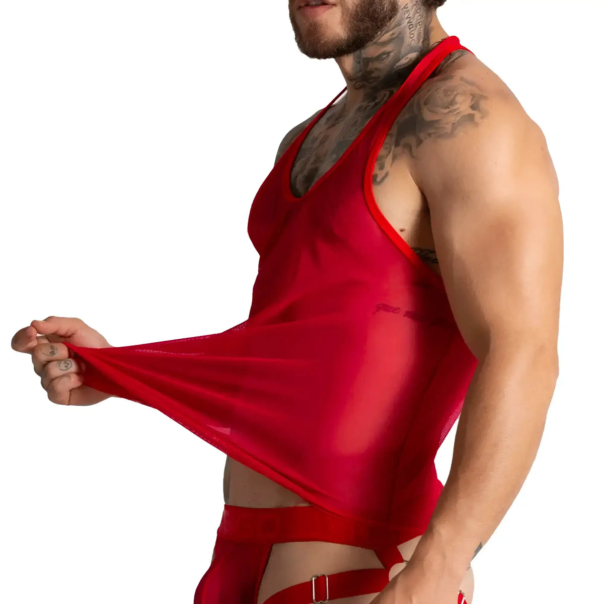 Gigo Bahia red tank sheer mesh tank top with red trim perfect for stylish summer wear