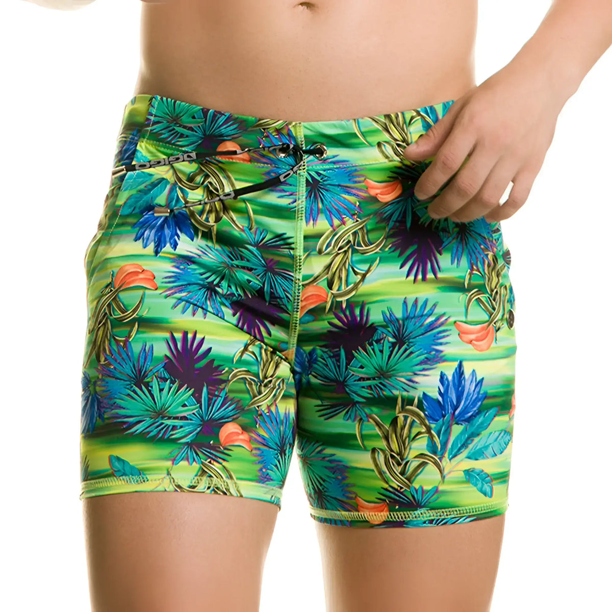 Vibrant tropical print swim trunks in neon green blue and purple with orange accents by gigo banana beachwear