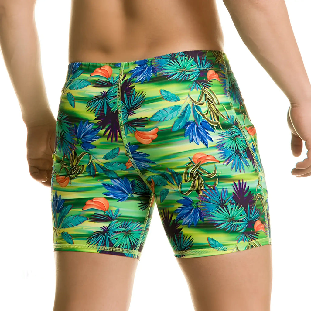 Gigo banana beachwear vibrant tropical print swim trunks in neon green blue and orange with bold leafy design
