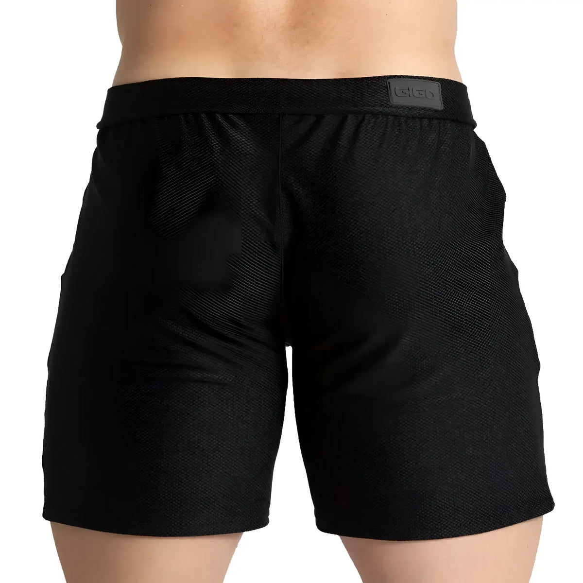 Black textured athletic shorts with branded waistband from gigo belucci for active wear
