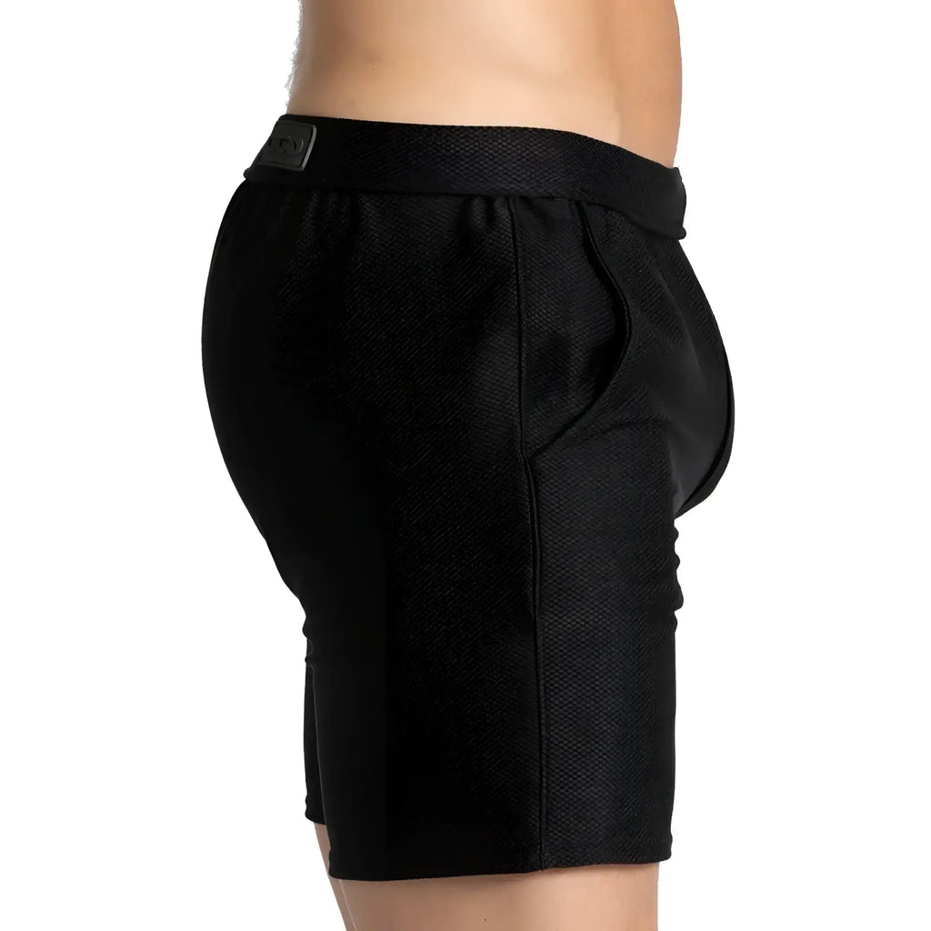 Gigo Belucci black textured shorts with sleek modern design and subtle brand patch on the waistband