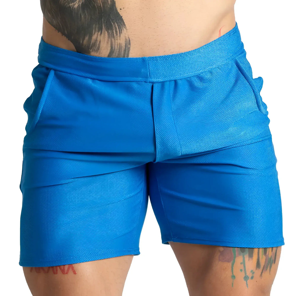 Gigo Belucci blue short featuring bright blue athletic fabric with a textured breathable material and fitted waistband