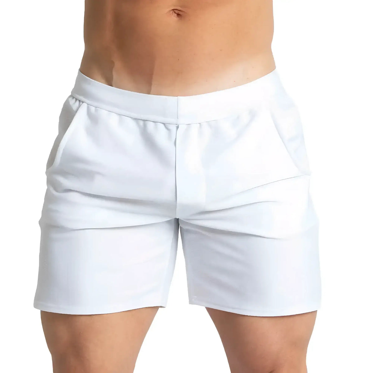 Gigo Belucci white athletic shorts with elastic waistband and clean minimalist design for active wear