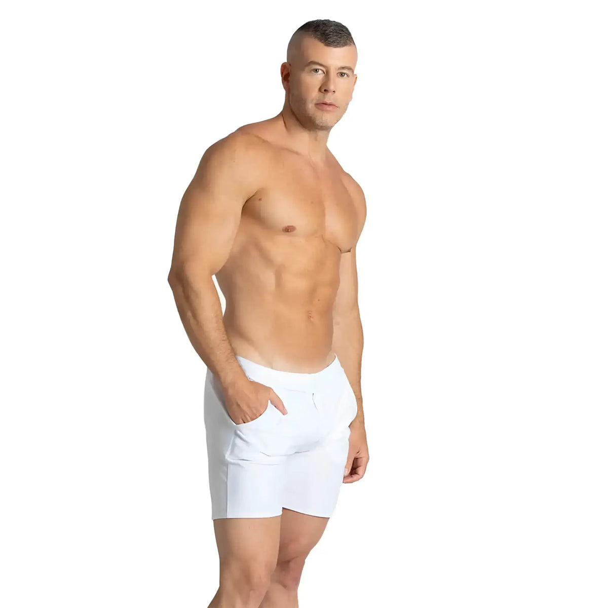 Gigo Belucci white athletic shorts with a clean minimalist design and functional side pockets for active wear