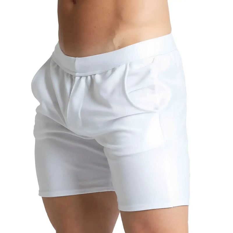 Gigo Belucci white short form-fitting athletic shorts with soft elastic waistband and side pockets for active wear