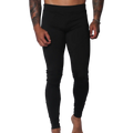 Form-fitting black Lycra leggings featuring a high-rise elastic waistband and a sleek, minimalist design.