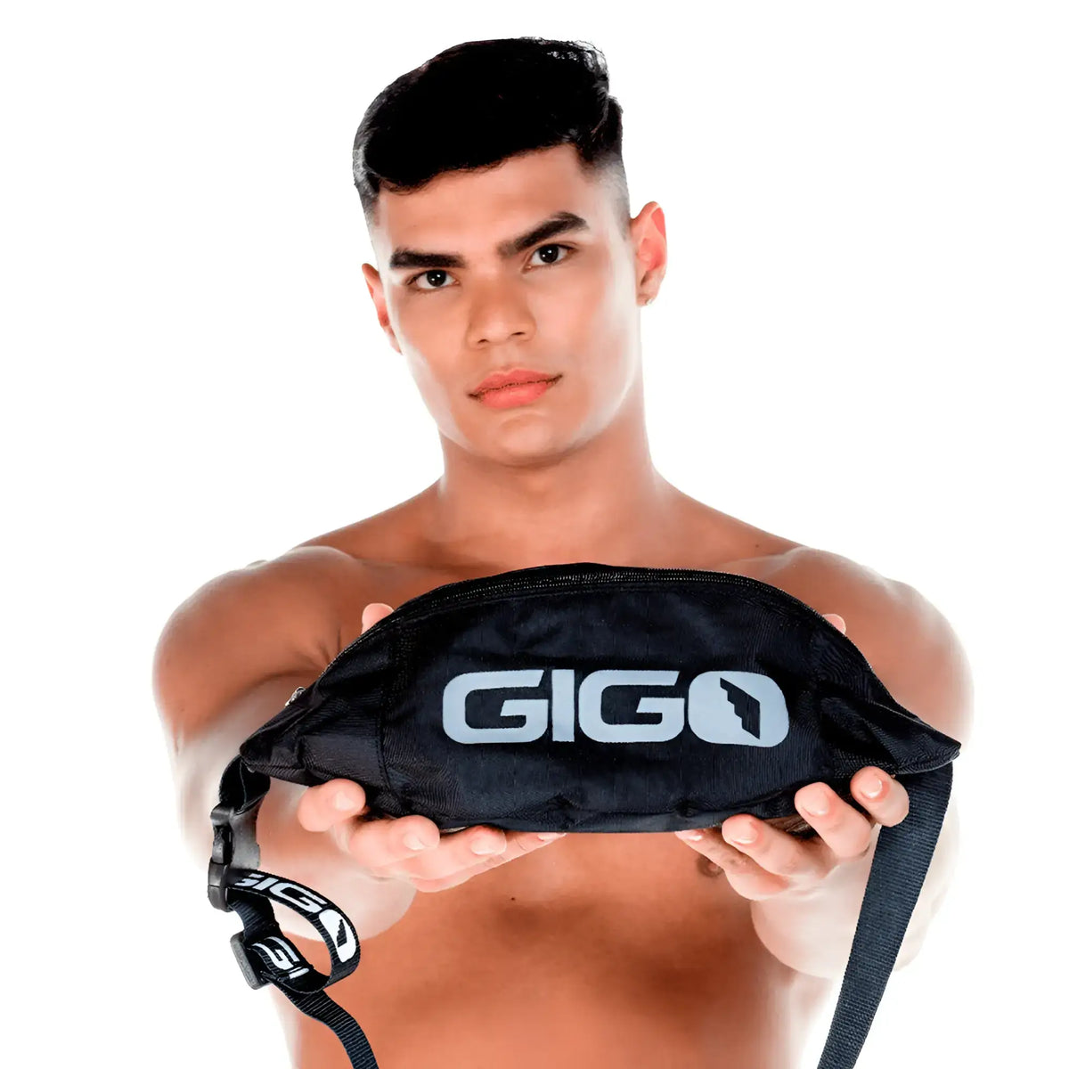 Black gigo waistpack fanny pack with silver logo and adjustable strap for hands-free carrying and convenience