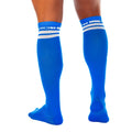 Gigo blue athletic knee-high socks with white stripes and subtle textured knit pattern at the top