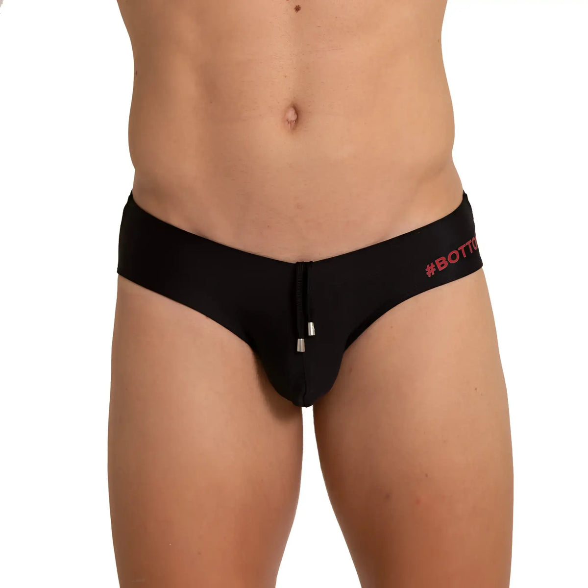 Black mens swim brief with red bott logo waistband and silver drawstring ends gigo bottom black swim brief