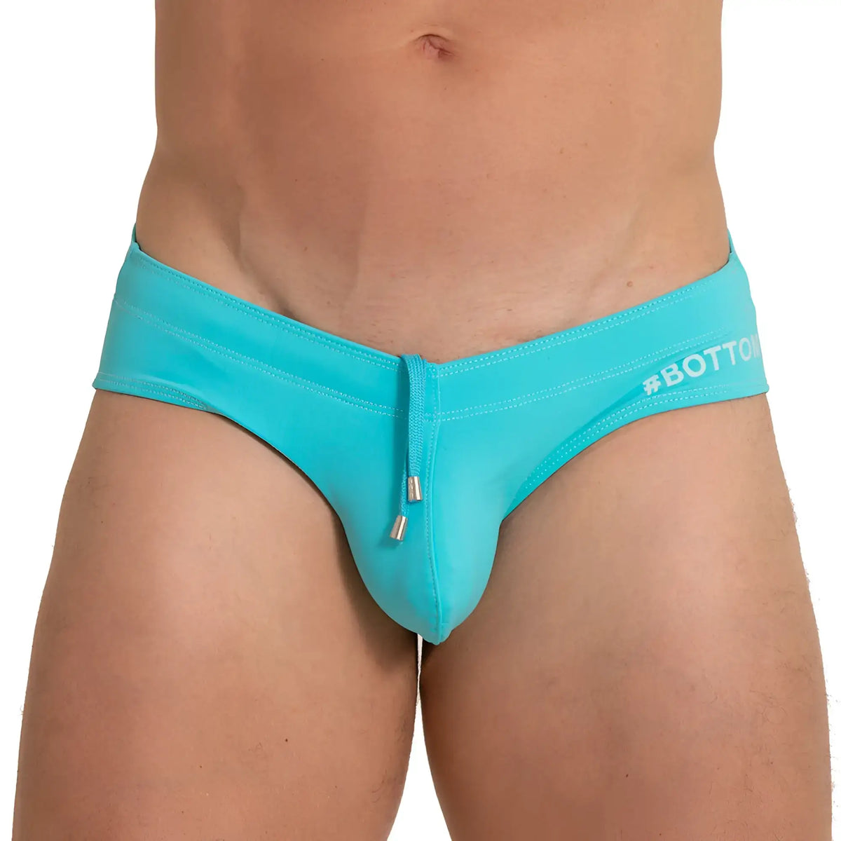 Gigo bottom blue swim brief turquoise swim trunks with drawstring closure and white #bottom branding on waistband